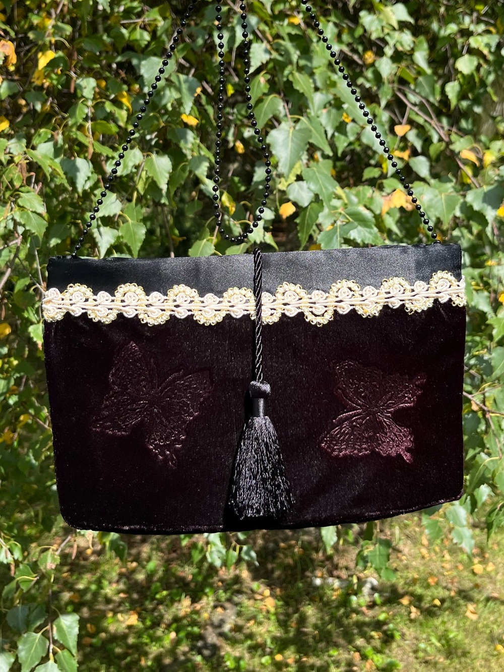 80s Handmade Whimsigoth Fairy Velvet Butterfly Tassel Purse Handbag Retro